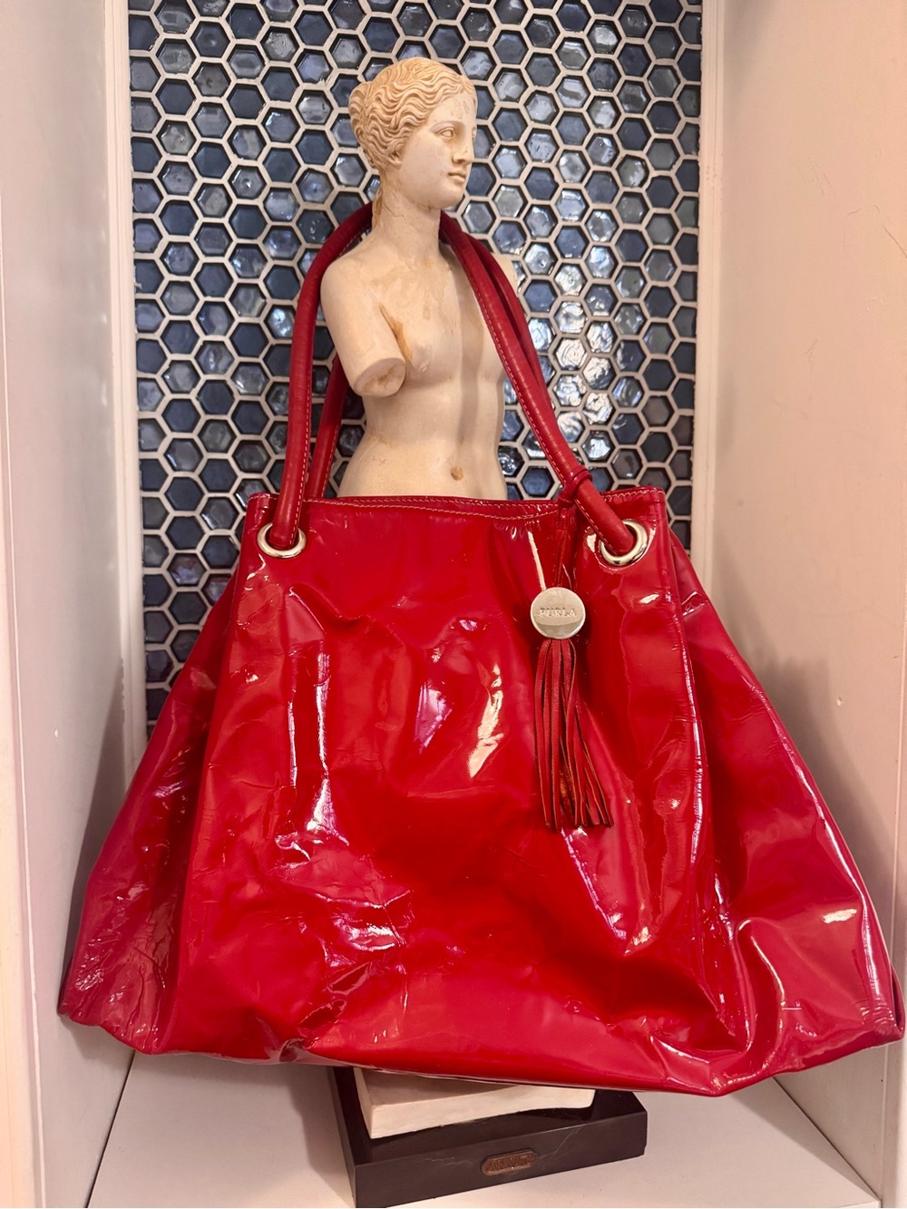 Furla Red Patent Tote Bag with Tassel Accent Handle Bag